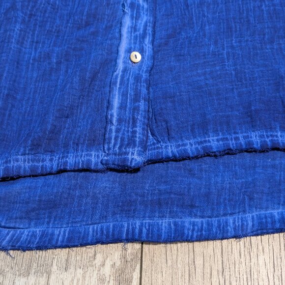 Indigo Hand-Dyed Look Button-Up Blouse | 100% Cotton, Raw Edges, Size 1X (NWT) - Picture 9 of 14